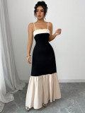 Women Suspender Contrast Patchwork Pleated Dress