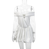 Women Summer Off Shoulder V Neck Pleated Raglan Sleeve Sexy Backless Dress