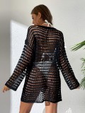 Women Summer Sexy Knitting Hollow Round Neck Long Sleeve Bikini Swimsuit Cover-up