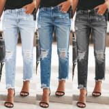Women Ripped non-elastic Denim Pants