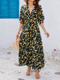 Women Printed Bat Sleeves V Neck Beach Holidays Dress