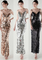 Tassel Sequined Deep V-Neck Low Back Fishtail Evening Dress for Summer Dinners