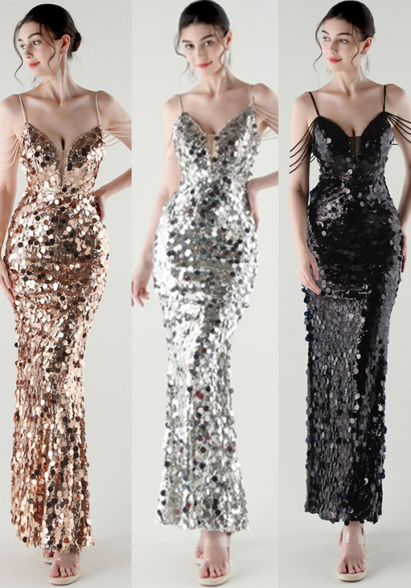 Tassel Sequined Deep V-Neck Low Back Fishtail Evening Dress for Summer Dinners