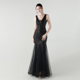 Deep V Fishtail Sequin Mesh Formal Party Evening Dress
