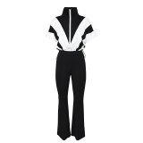 Casual Elastic Slim Waist Color Block Patchwork Sports Two Piece Pants Set for Women