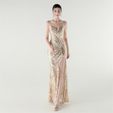 Elegant Deep V Strap Sequin Evening Dress