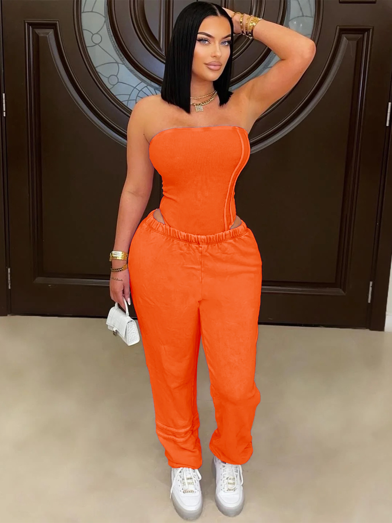 Strapless Slim Bodysuit and Loose Leg Pants Two-Piece Set for Women