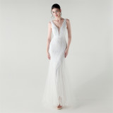Deep V Neck Sequin Mesh Patchwork Fishtail Evening Dress for Formal Occasions