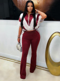 Casual Elastic Slim Waist Color Block Patchwork Sports Two Piece Pants Set for Women