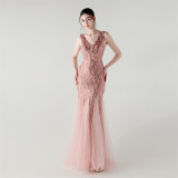 Deep V Neck Sequin Mesh Patchwork Fishtail Evening Dress for Formal Occasions