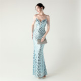 Deep V Strap Sequin Fishtail Evening Dress for Formal Occasions