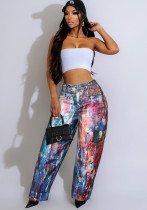 Denim Leather Print Wide-Leg Pants for Women Denim Leather Print Wide-Leg Pants for Women