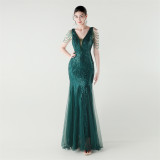 V-Neck Off-Shoulder Mesh Swing Luxury Slim Sequined Evening Dress