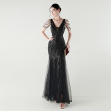 Spring Summer Low Back Sequined Mesh Slim Fishtail Party Evening Dress