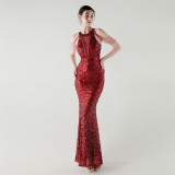 Elegant Chain-Decorated Fishtail Sequin Evening Dress for Formal Ceremonies
