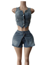 Elastic Denim Vest and Shorts Set for Women