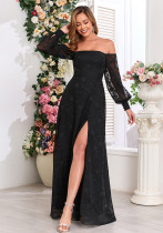 Black Off-Shoulder Long Sleeve Chiffon Embroidered High Slit Evening Dress Black Off-Shoulder Long Sleeve Chiffon Embroidered High Slit Evening Dress