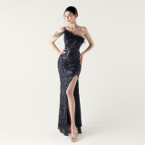 One-Shoulder Sequin Feather Low Back Slim Evening Dress