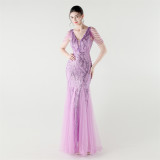 V-Neck Off-Shoulder Mesh Swing Luxury Slim Sequined Evening Dress