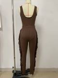 Fashion Sleeveless Bodysuit Cut Tassel and Tight Pants Set for Women