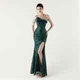 One-Shoulder Sequin Feather Low Back Slim Evening Dress