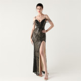 Sequin Deep V Neck Strap Low Back Fishtail Party Evening Dress