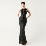 Sequin Fishtail Evening Dress Halter Neck Off-Shoulder Party Gown