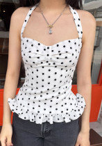 Women's Polka Dot Pleated Halter Neck Lace-Up Slim Waist Vest Top