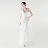 V-Neck Off-Shoulder Mesh Swing Luxury Slim Sequined Evening Dress