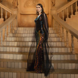 Women's Luxury V-Neck Long Sleeve Slim Waist Sequin Mesh Formal Party Evening Dress