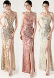 One-Shoulder Sequin Feather Low Back Slim Evening Dress