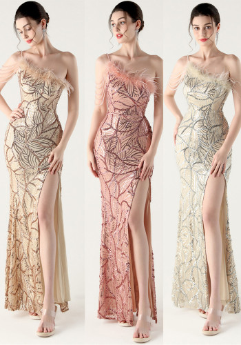 One-Shoulder Sequin Feather Low Back Slim Evening Dress