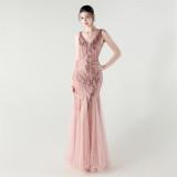 Deep V Fishtail Sequin Mesh Formal Party Evening Dress