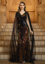 Women's Luxury V-Neck Long Sleeve Slim Waist Sequin Mesh Formal Party Evening Dress