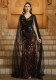 Women's Luxury V-Neck Long Sleeve Slim Waist Sequin Mesh Formal Party Evening Dress