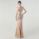 Fishbone Slim Waist Heart Neck Sequin Evening Dress Luxury Formal Party Gown
