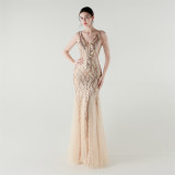 Spring Summer Low Back Sequined Mesh Slim Fishtail Party Evening Dress