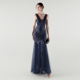 Deep V Neck Sequin Mesh Patchwork Fishtail Evening Dress for Formal Occasions