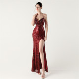 Sequin Deep V Neck Strap Low Back Fishtail Party Evening Dress
