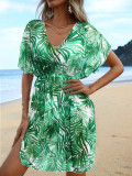 Leaf Print Beach Holidays Dress  Sunscreen Cover-Up