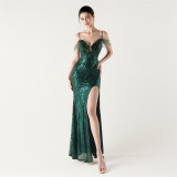 Sequin Deep V Neck Strap Low Back Fishtail Party Evening Dress