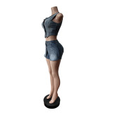 Elastic Denim Vest and Shorts Set for Women