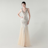 Deep V Neck Sequin Mesh Patchwork Fishtail Evening Dress for Formal Occasions