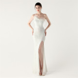 One-Shoulder Sequin Feather Low Back Slim Evening Dress
