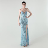 Fishbone Slim Waist Heart Neck Sequin Evening Dress Luxury Formal Party Gown