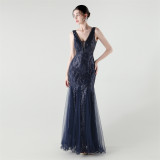 Deep V Fishtail Sequin Mesh Formal Party Evening Dress