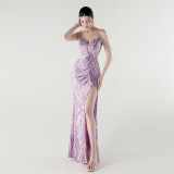 Elegant Deep V Strap Sequin Evening Dress