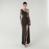 One-Shoulder Sequined Fishtail Evening Dress for Formal Parties