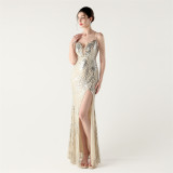 Sequin Deep V Neck Strap Low Back Fishtail Party Evening Dress