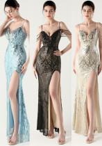 Sequin Deep V Neck Strap Low Back Fishtail Party Evening Dress Sequin Deep V Neck Strap Low Back Fishtail Party Evening Dress